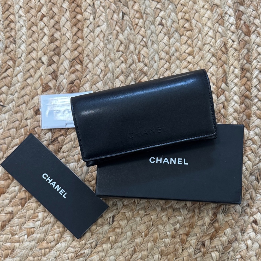 CHANEL Sunglasses Case Black Leather Fold Wallet with Embossed Logo